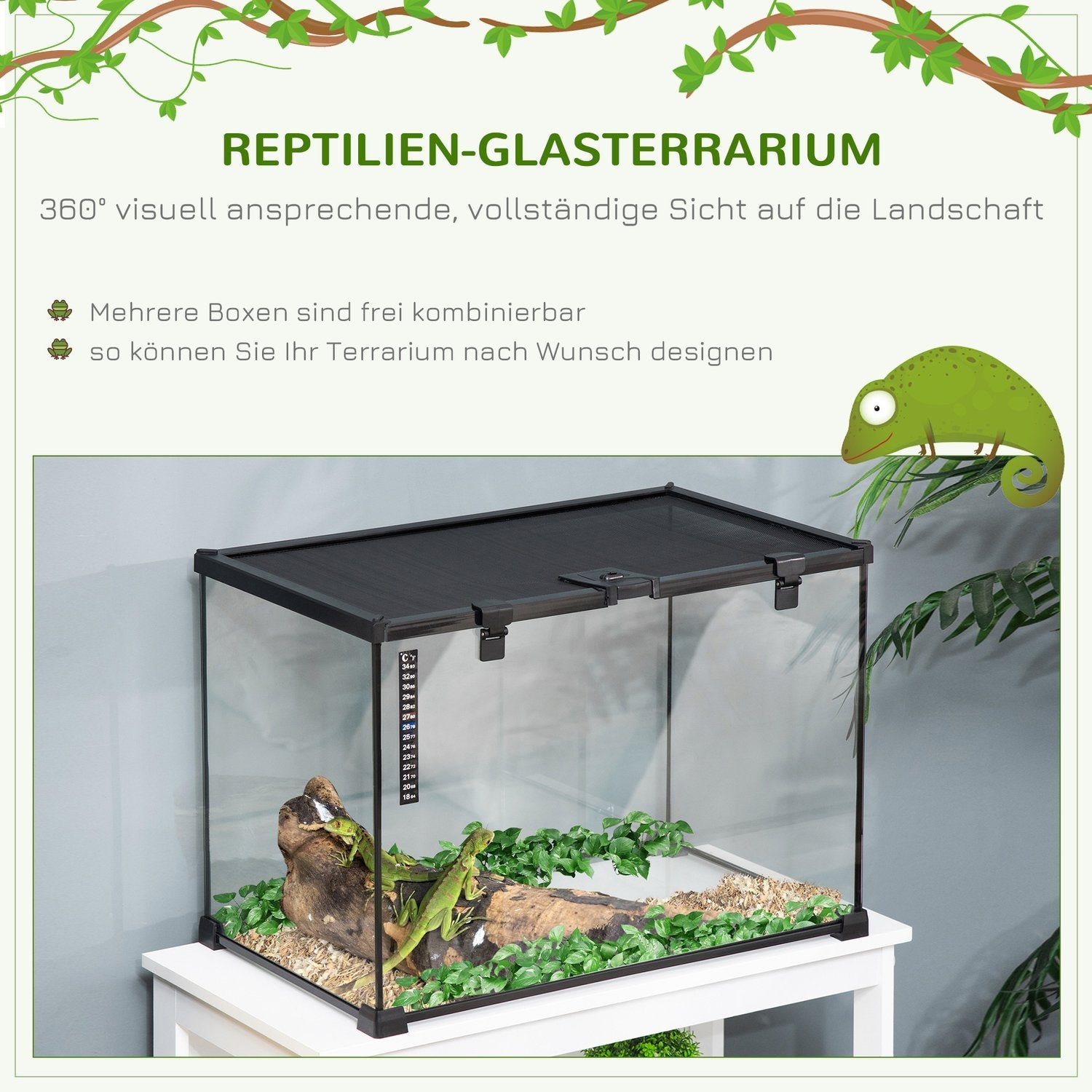 Terrarium For Reptiler Reptil Matningslåda Glas Terrarium Amfibier Spindeldjur Med Termometer Reptiluppfödningslåda Metall 50 X 30 X 35 Cm