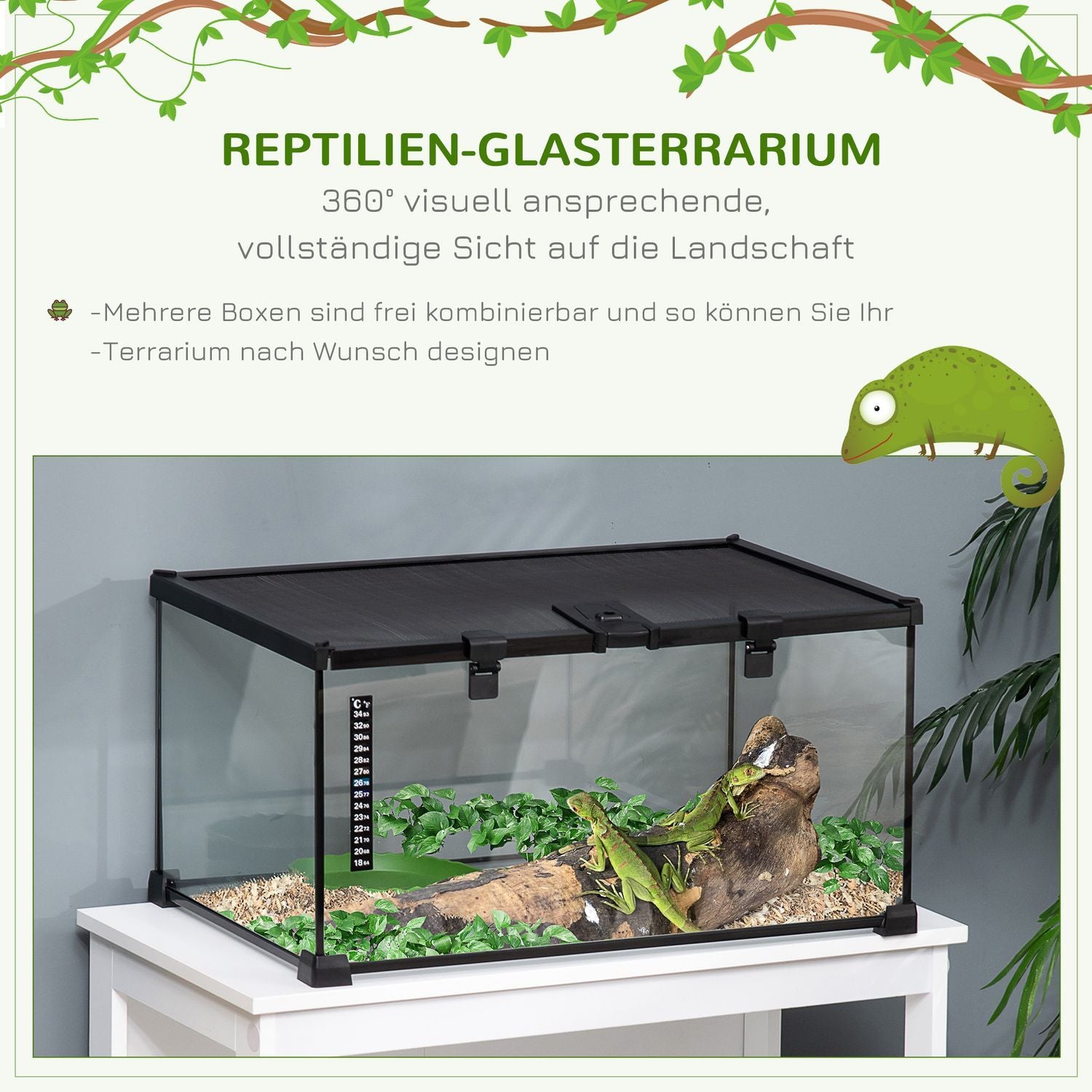 Terrarium För Reptiler Reptilmatningslåda Glasterrarium Amfibier Spindeldjur Med Termometer Reptiluppfödningslåda 50 X 30 X 25 Cm