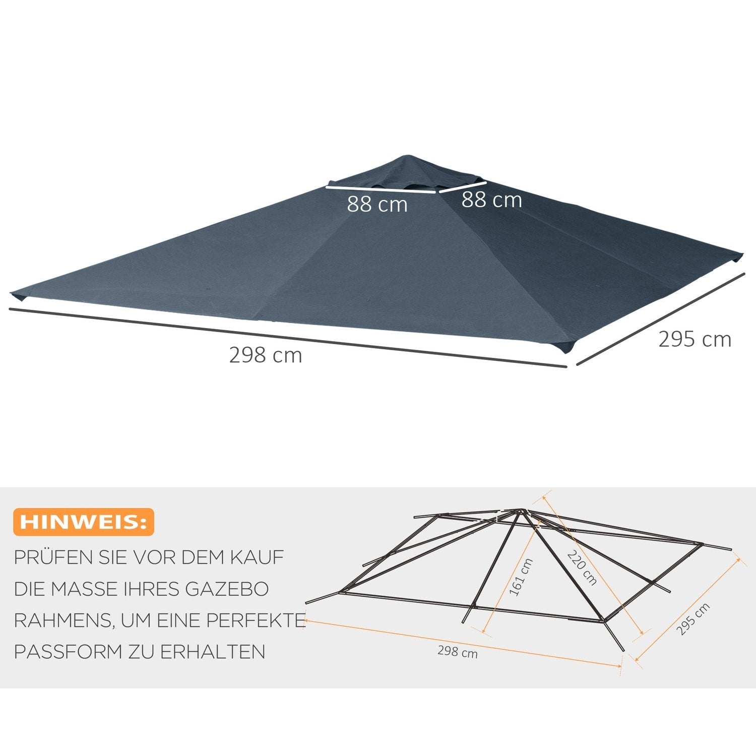 Gazebo Roof 3X3M erstatningstag til lystpavillon, pavillondæksel, solsejl, polyester, mørkegrå