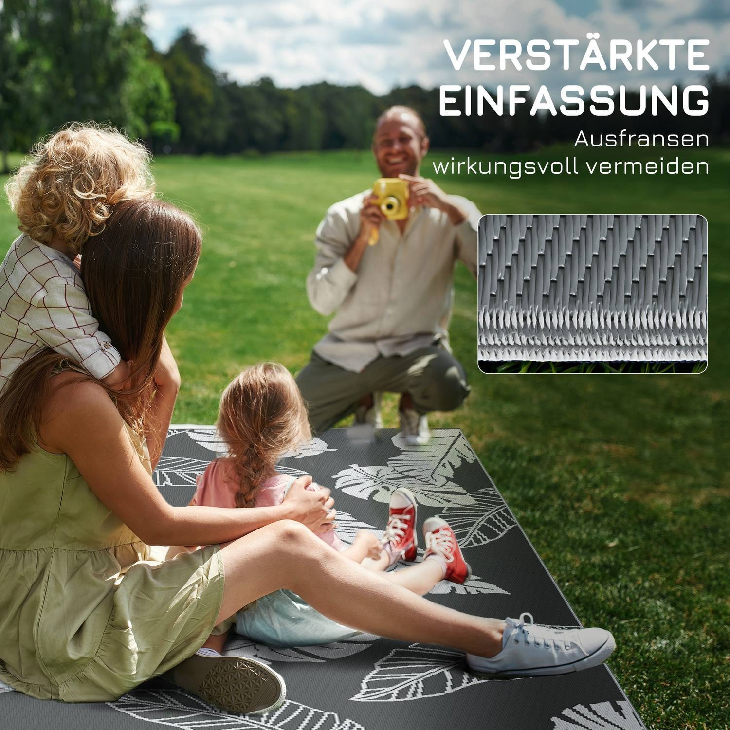 Udendørs tæppe Vejrbestandigt plasttæppe, dobbeltsidet design til altan og terrasse, grå+hvid, 182X274 cm