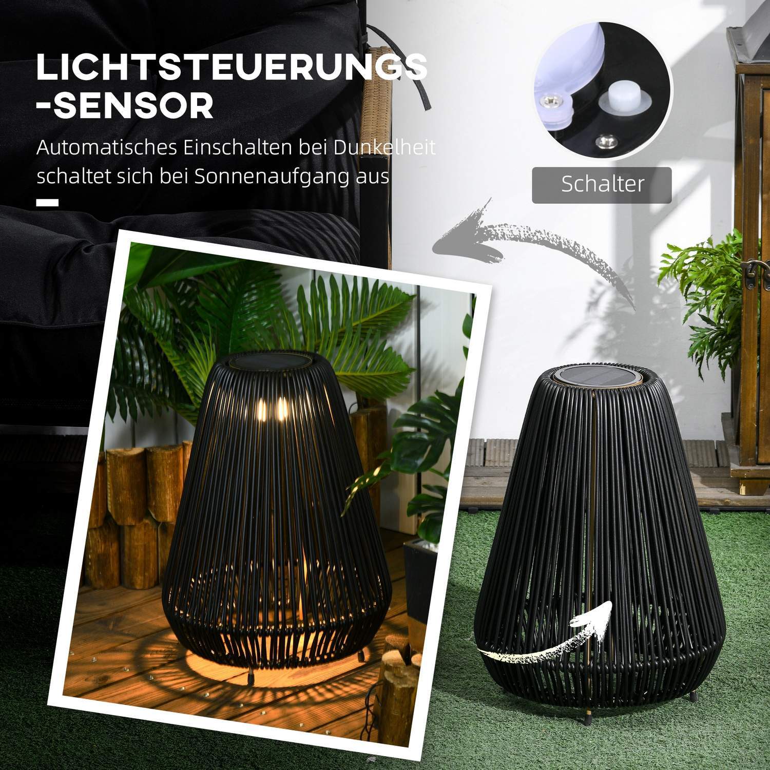 Solar Light Rattan Waterproof Path Light Med Ljussensor, Automatisk Led Trädgårdslampa, Utomhusljus, Svart, Metall