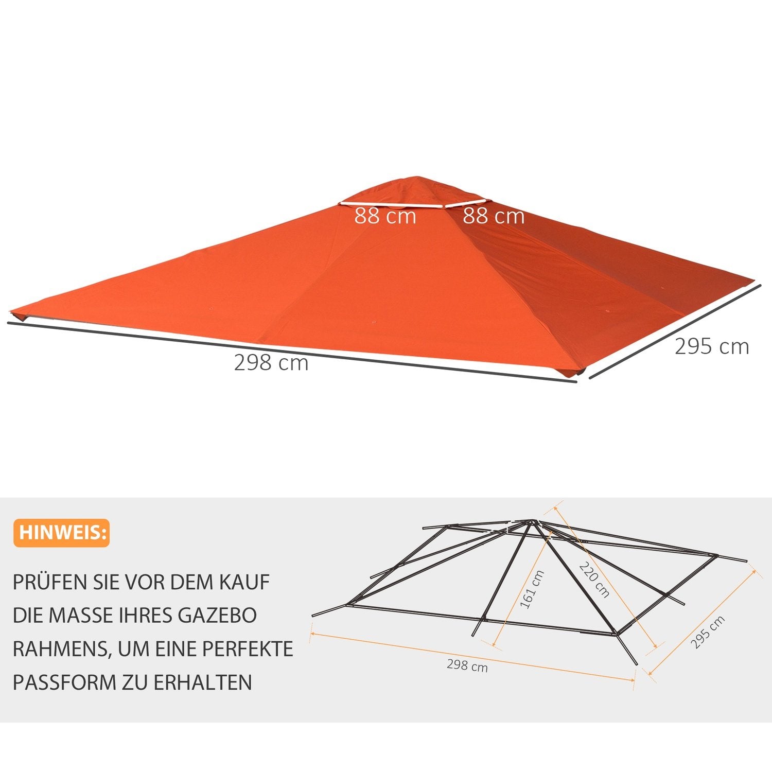 Udskiftning af baldakin til Gazebo Solskærm Gazebo Cover lavet af polyester, orange, 2,98 X 2,95 M