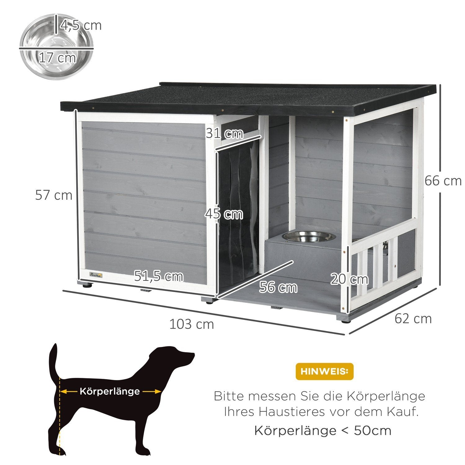 Hundehus med terrasse Grantræ Hundehus med 2 skåle &amp; asfalttag, vejrbestandigt, gråt, 103X62X60-66Cm