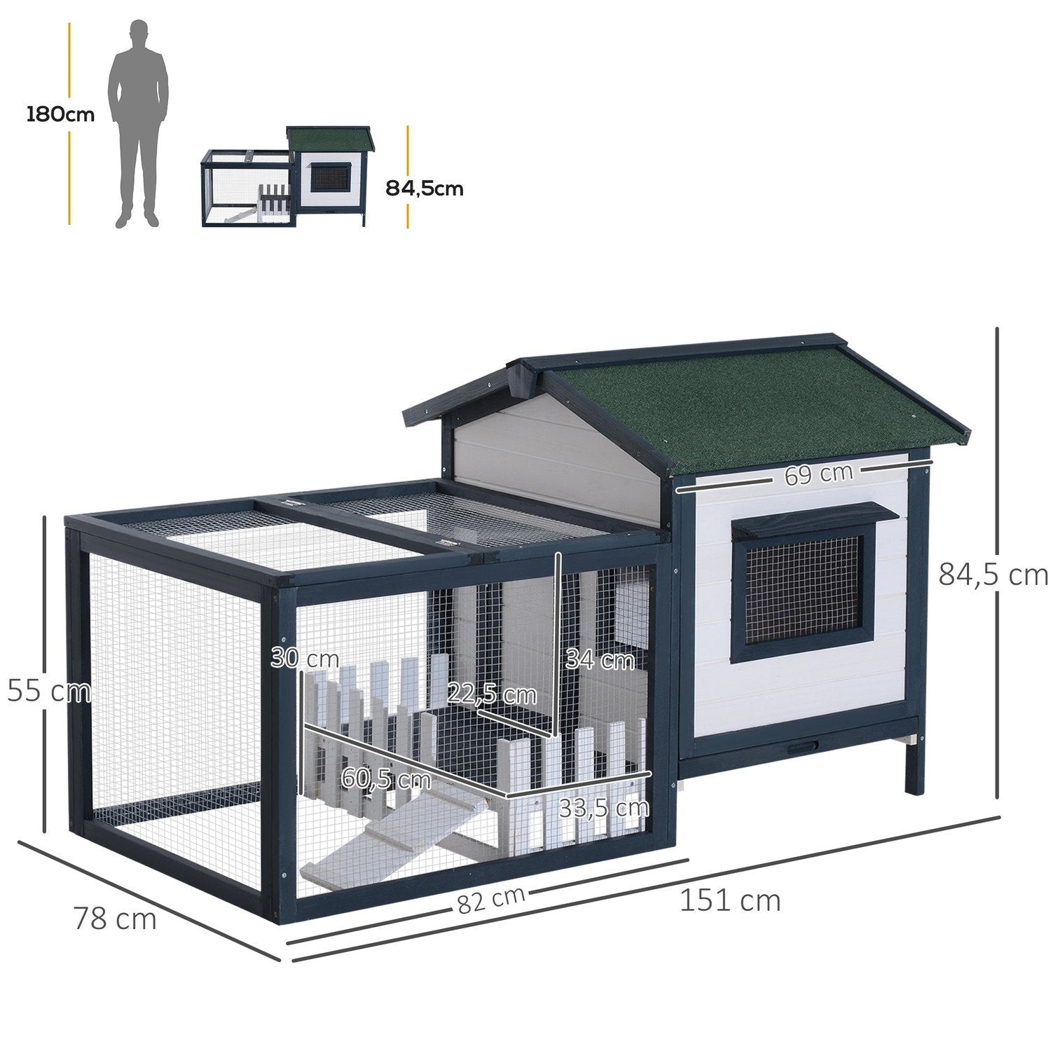 Kaninbur Liten Djurbur 151 X 78 X 84,5 Cm Med Utomhusinhägnad Ramp Grön Vit