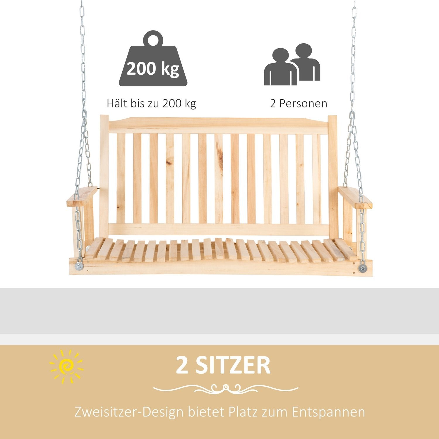 Havegynge til 2 personer Gyngebænk Hængende bænk Massivt træ Terrasse Terrasse Baggård Naturlig 117 X 69 X 60 Cm