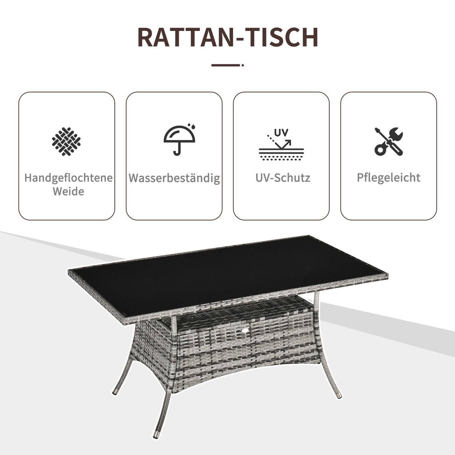 Trädgårdsbord Glasbord Polyrattan Säkerhetsglas Grå Svart 150X85X74Cm