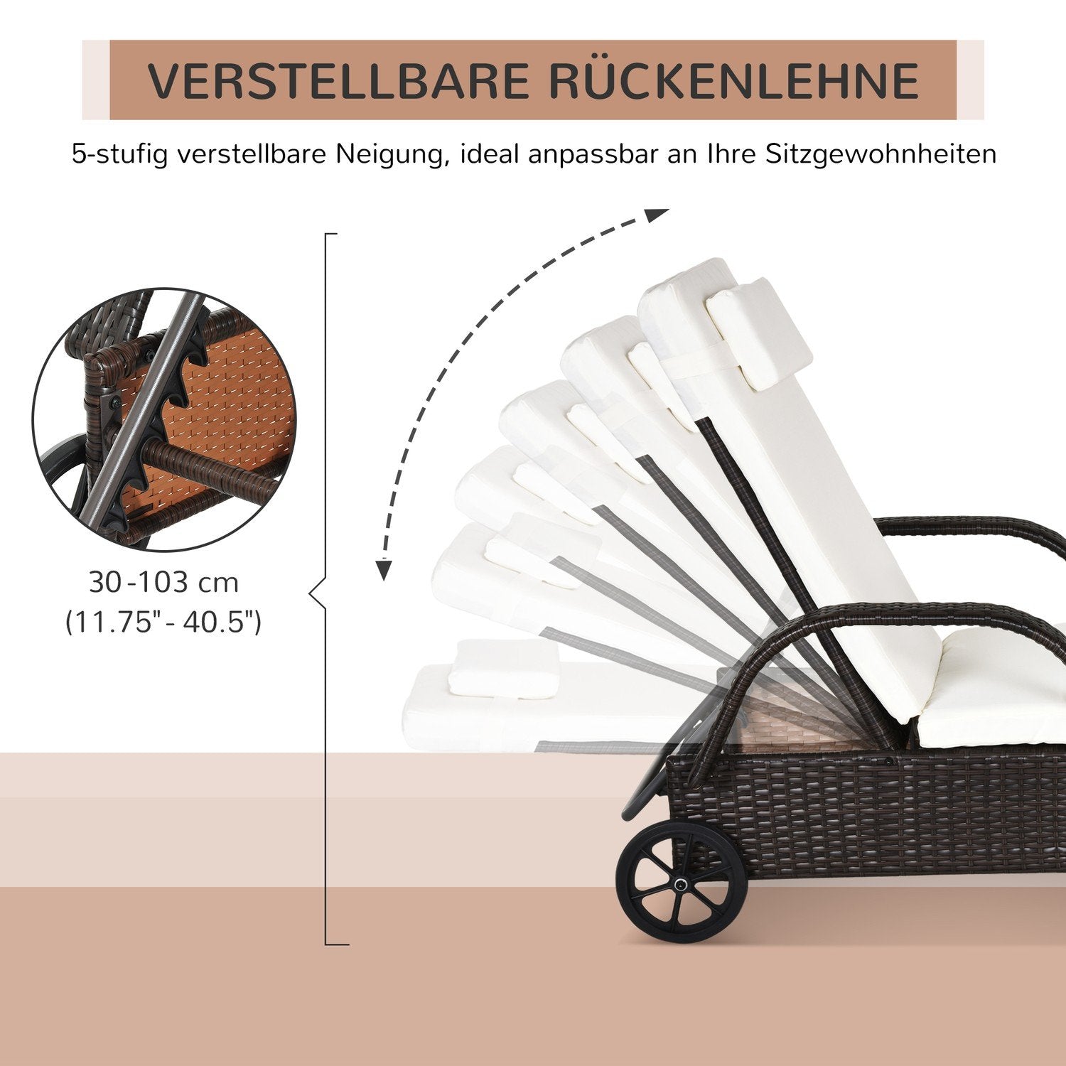 Trädgårdssäng, Solstol, Rotting Solstol, Trädgårdsmöbler, Mobil Solstol Med Kuddar Och Hjul, Polyrattan + Metall, Kaffebrun, 200 X 73 X 30-103Cm