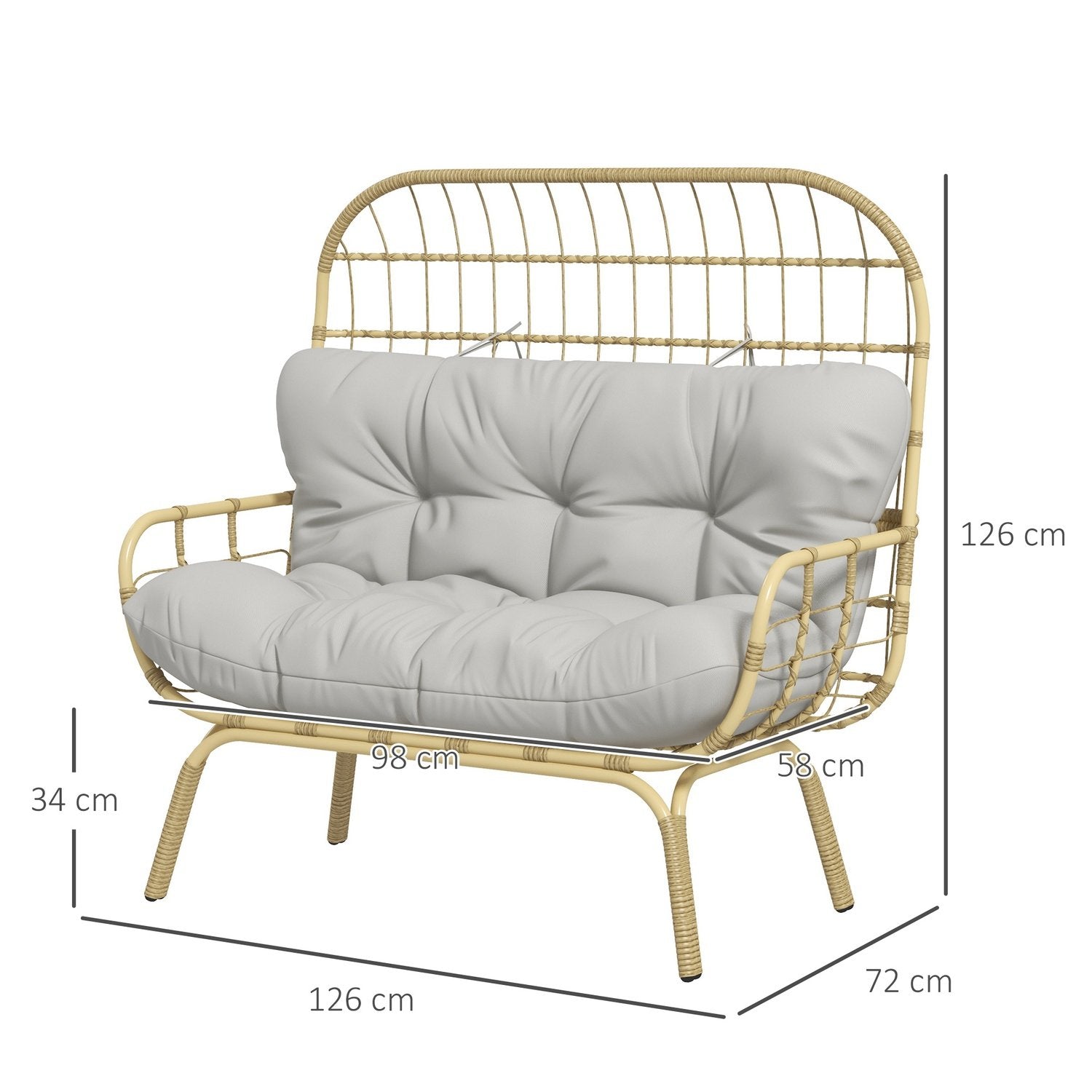 Havesofa 2-personers rattan sofa med armlæn, polstret hynde, lounge sofa i rattan look, bæreevne op til 240 kg, lys grå