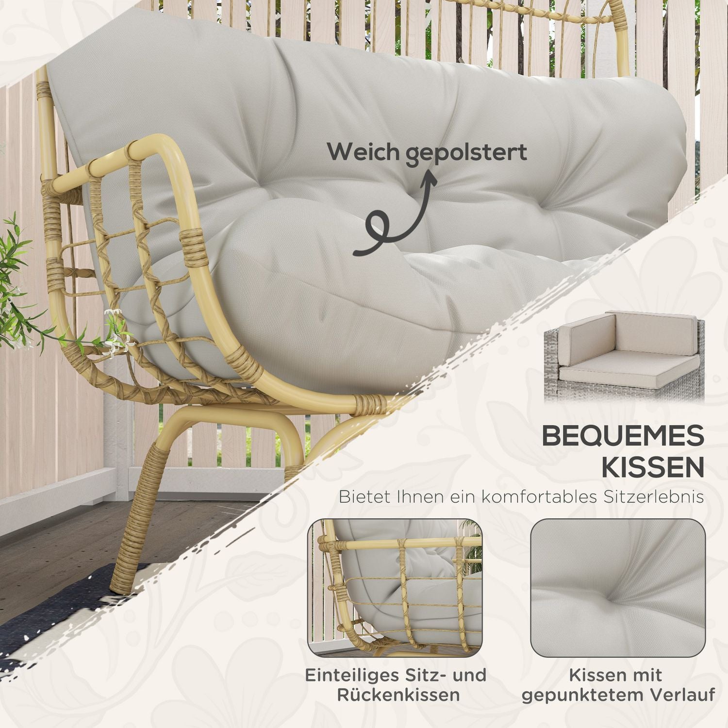 Havesofa 2-personers rattan sofa med armlæn, polstret hynde, lounge sofa i rattan look, bæreevne op til 240 kg, lys grå