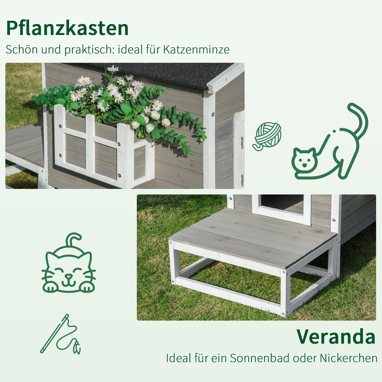 Kattehus Kattehytte Kathule Lille Dyrehus Med Terrasse Og Altan Til Katte Hunde Gran Træ Grå + Hvid 115 X 66,5 X 74,7 Cm