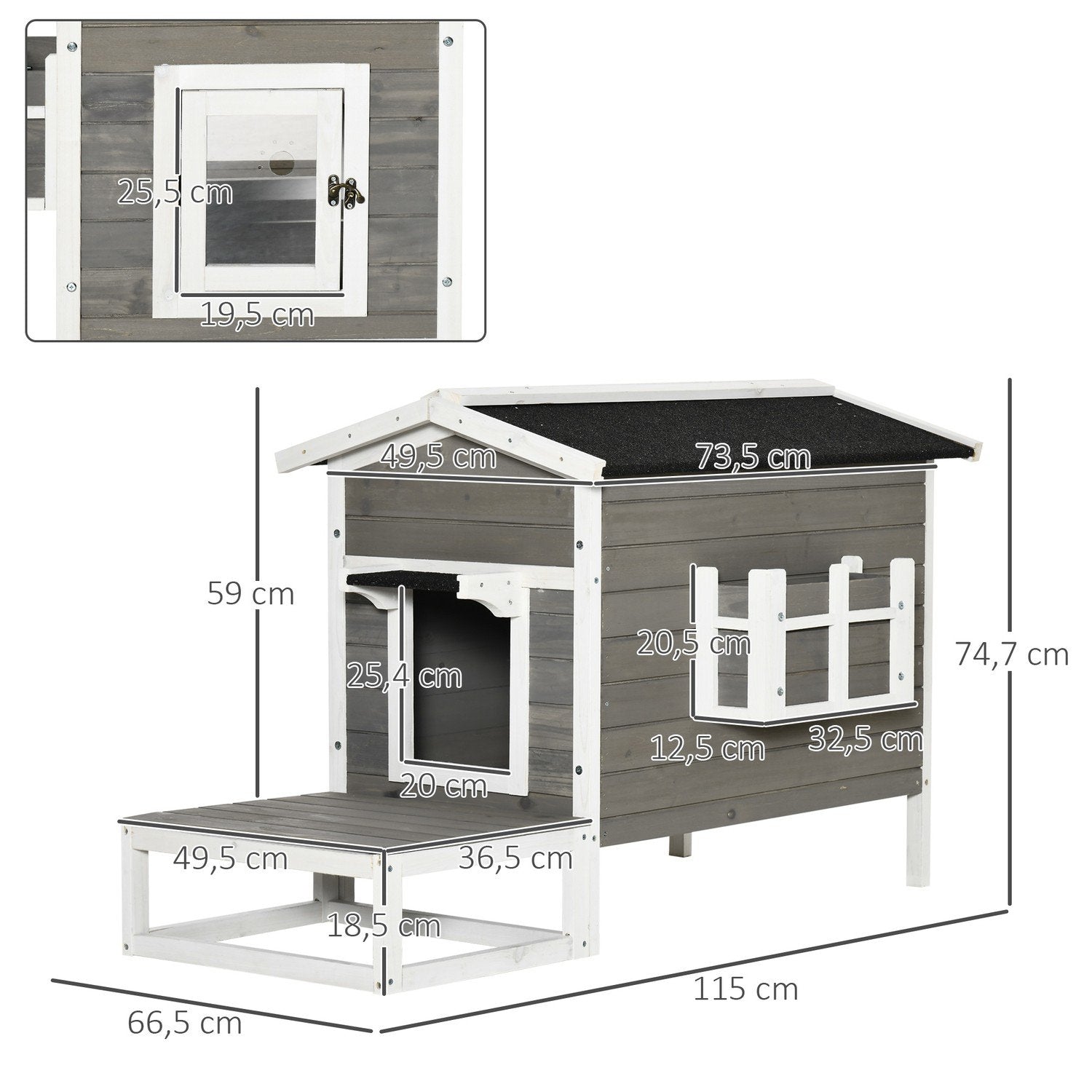 Kattehus Kattehytte Kathule Lille Dyrehus Med Terrasse Og Altan Til Katte Hunde Gran Træ Grå + Hvid 115 X 66,5 X 74,7 Cm