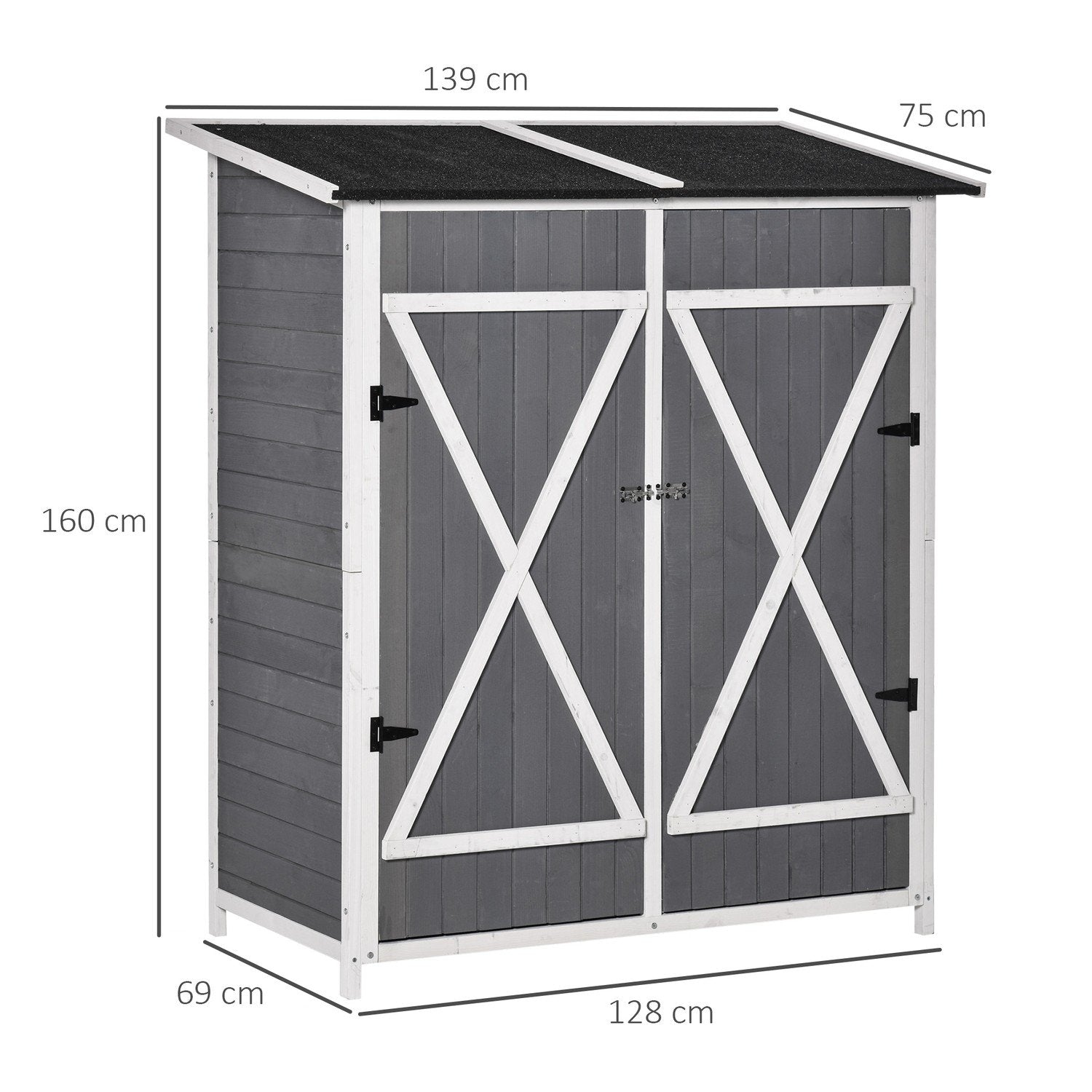 Verktygsbod Trädgårdsskåp 2 Dörrar Asfalttak Gran Trä Grå + Vit 139X75X160Cm