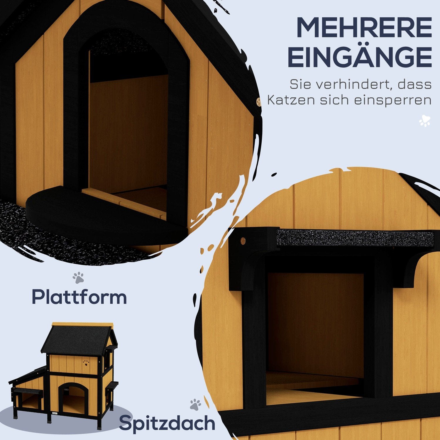 Kattehus i træ med flere indgange 2-etagers udendørs kattehule med asfalttag til katte op til 7 kg gul