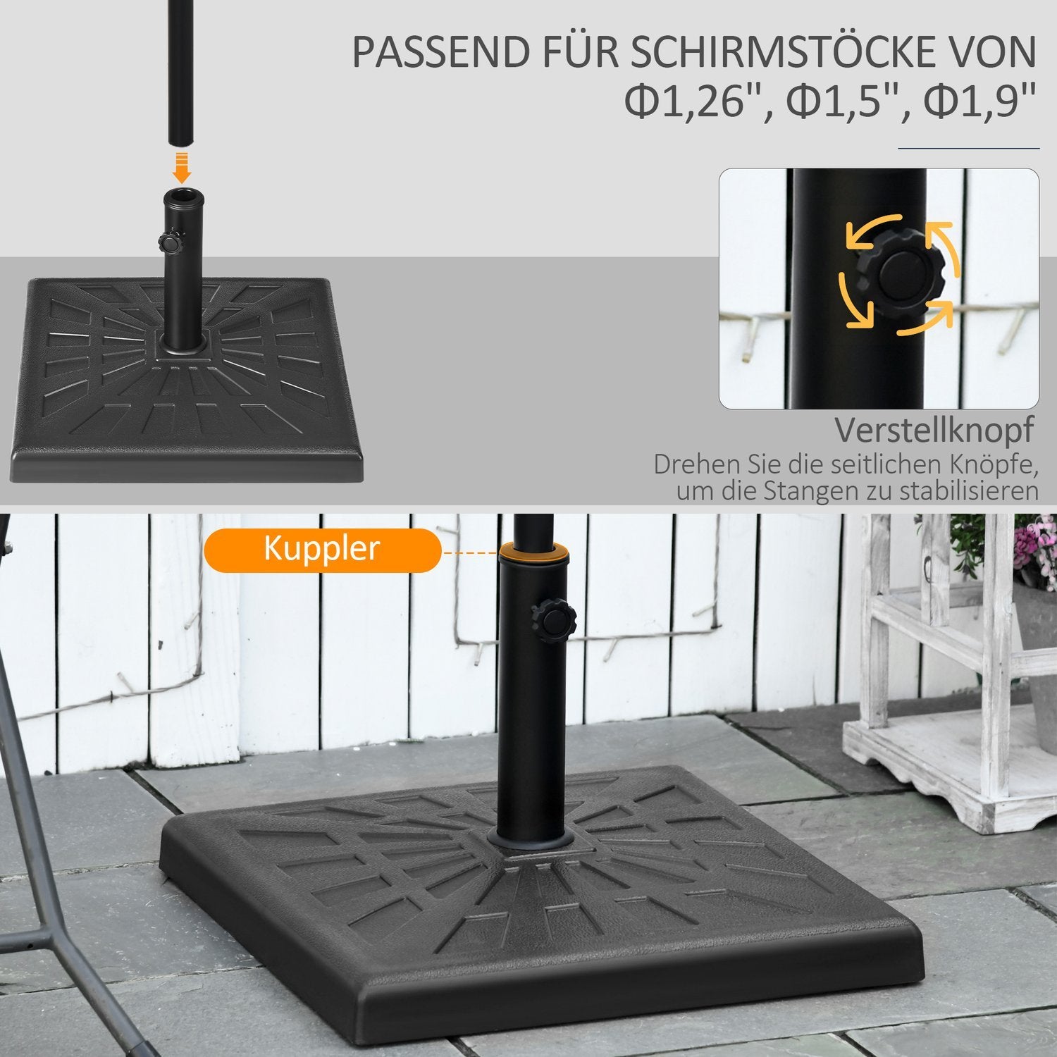 Parasolstativ 19 Kg Parasolfod, Paraplystativ Til Paraplystænger Ø 32/38/48 Mm, Syntetisk Resin, Sort, 51 X 51 X 32 Cm