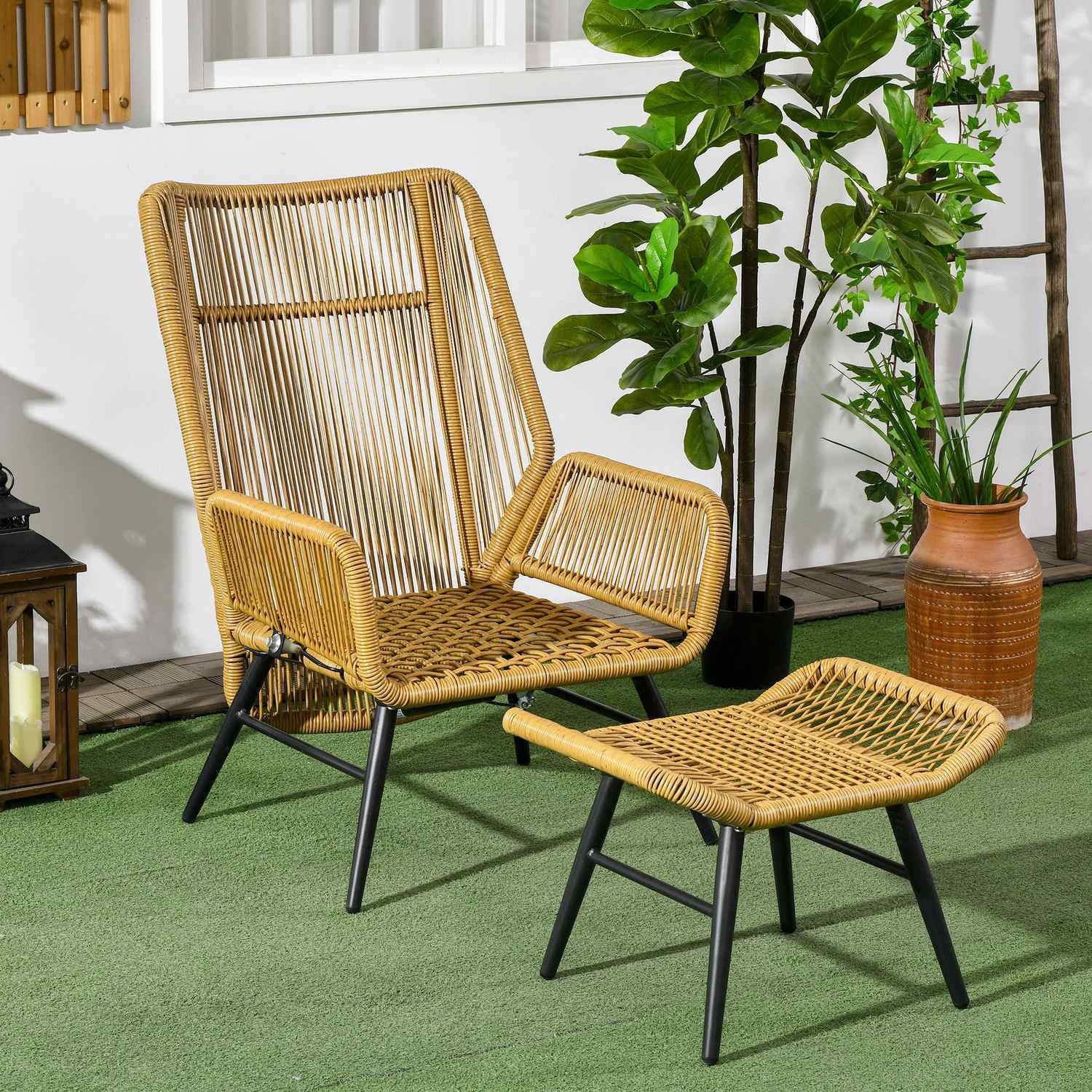 Rattan Relax Stol Med Fotpall Trädgårdsstol Med Justerbart Ryggstöd Utomhus Rottingstolsdyna Naturstål Polyester