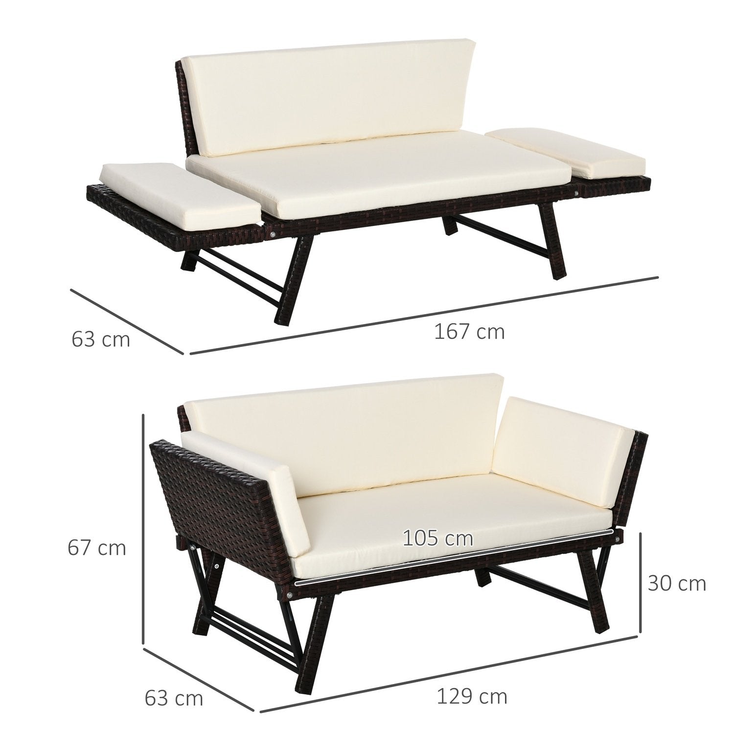 Polyrattan Trädgårdssoffa 2-Sits Trädgårdsmöbler Lounge Soffa Trädgårdsbänk Trädgård Solstol Fällbara Armstöd Stål Brun 129 X 63 X 67 Cm