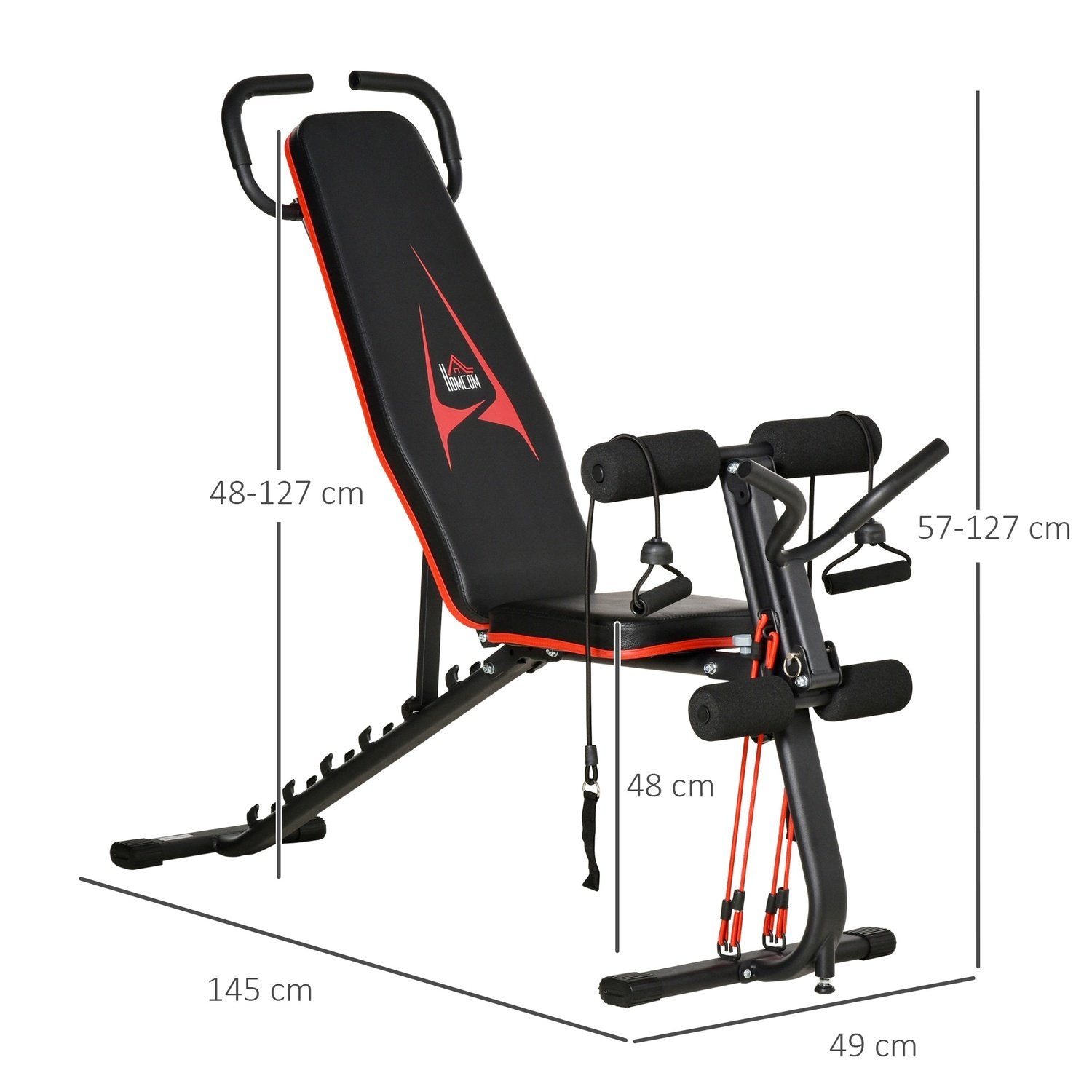 Vægtbænk Justerbar træningsbænk med elastisk reb Sit Up bænk 6 niveauer Rygstøtte Tilt Vægt op til 150 kg 145 X 49 X 57-127 Cm