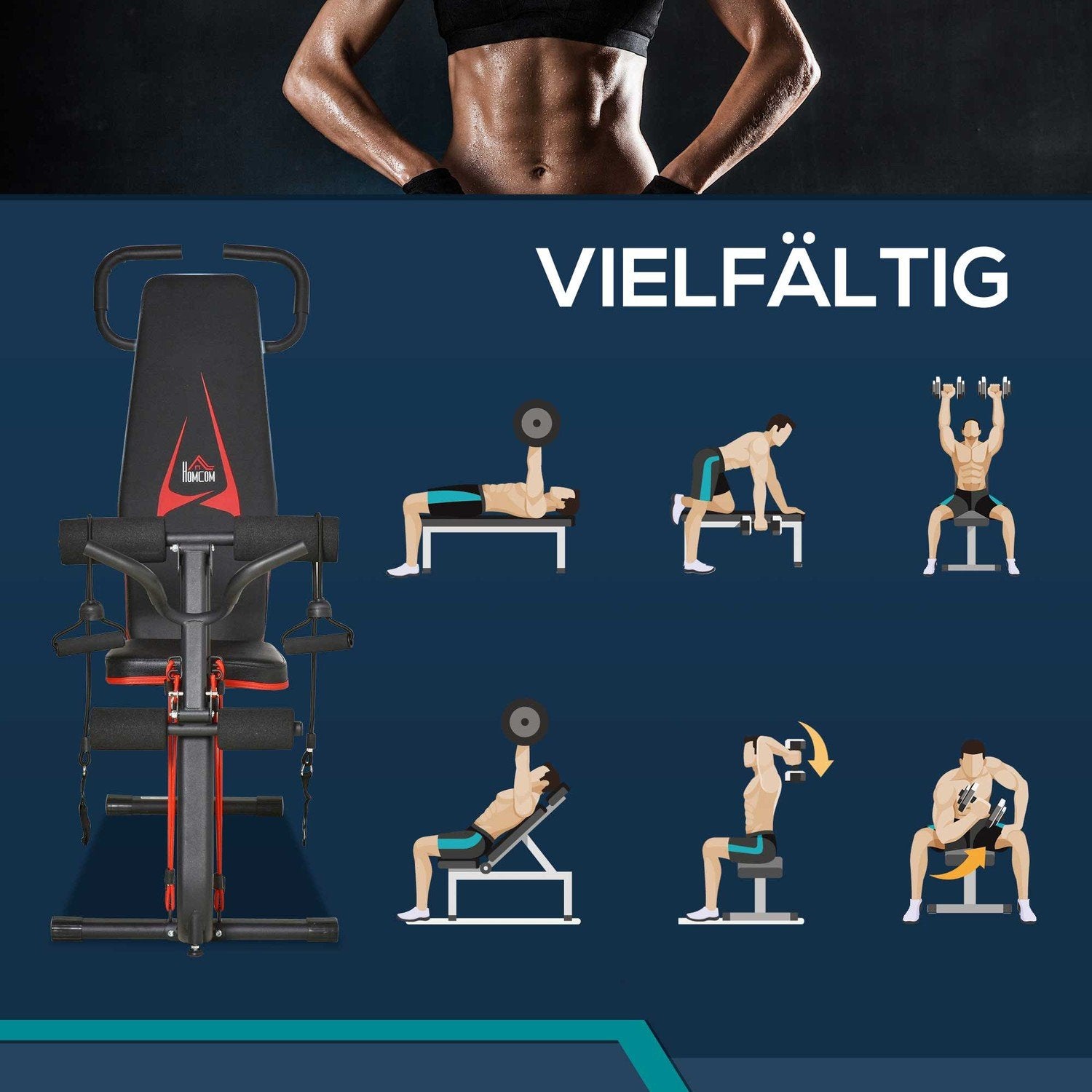 Vægtbænk Justerbar træningsbænk med elastisk reb Sit Up bænk 6 niveauer Rygstøtte Tilt Vægt op til 150 kg 145 X 49 X 57-127 Cm