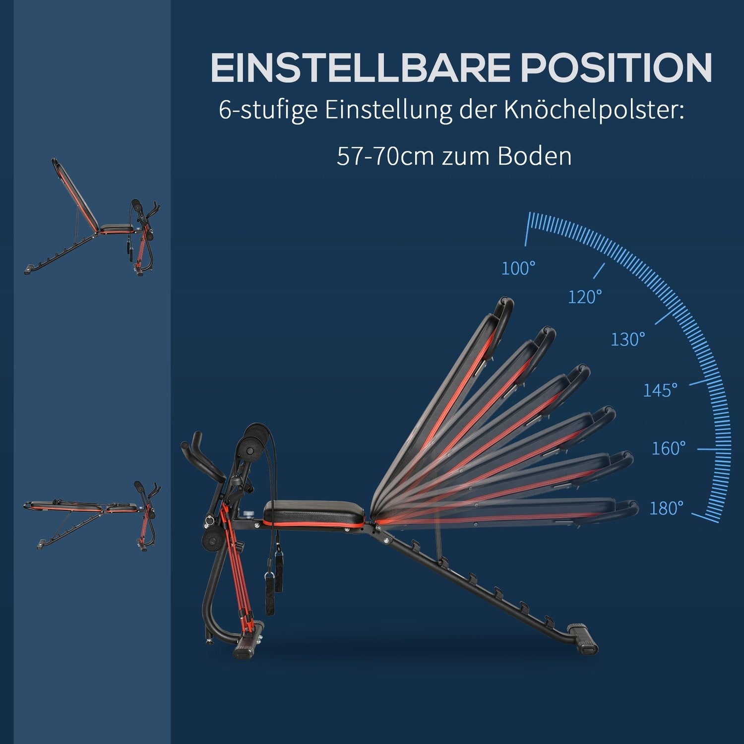 Vægtbænk Justerbar træningsbænk med elastisk reb Sit Up bænk 6 niveauer Rygstøtte Tilt Vægt op til 150 kg 145 X 49 X 57-127 Cm