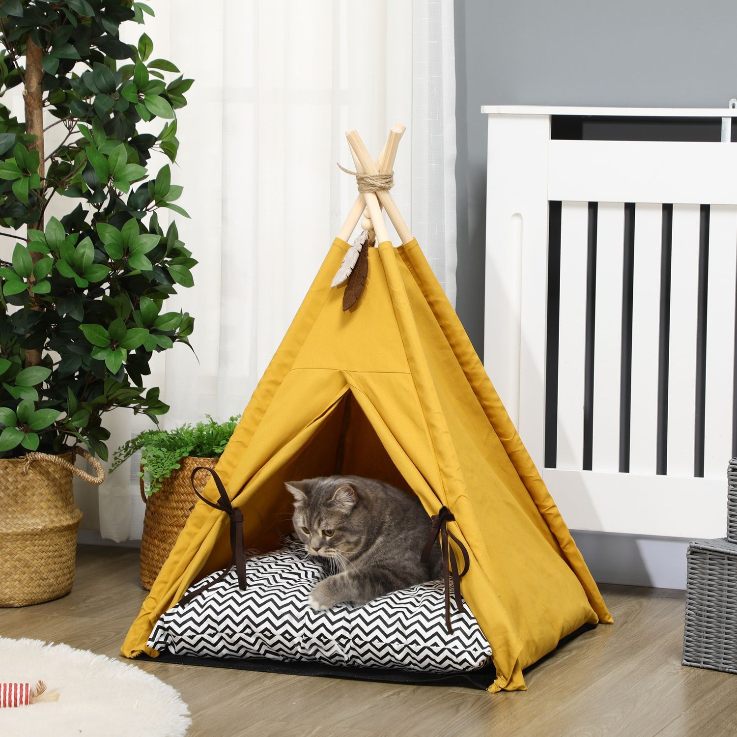 Cat House Tipitält Hundsäng Med Kudde Halkfri Med Lekboll Gjord Av Furu Inomhus I Gult