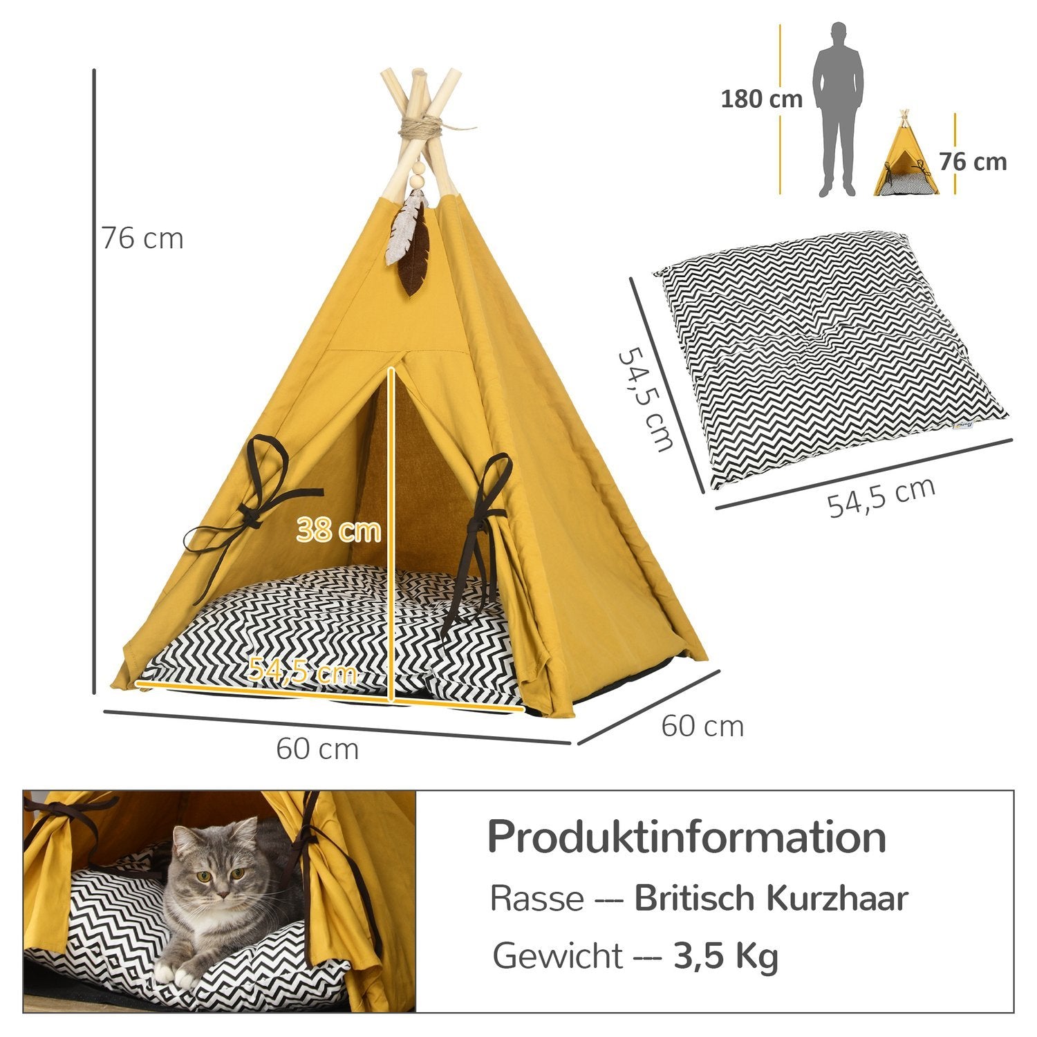 Cat House Tipitält Hundsäng Med Kudde Halkfri Med Lekboll Gjord Av Furu Inomhus I Gult