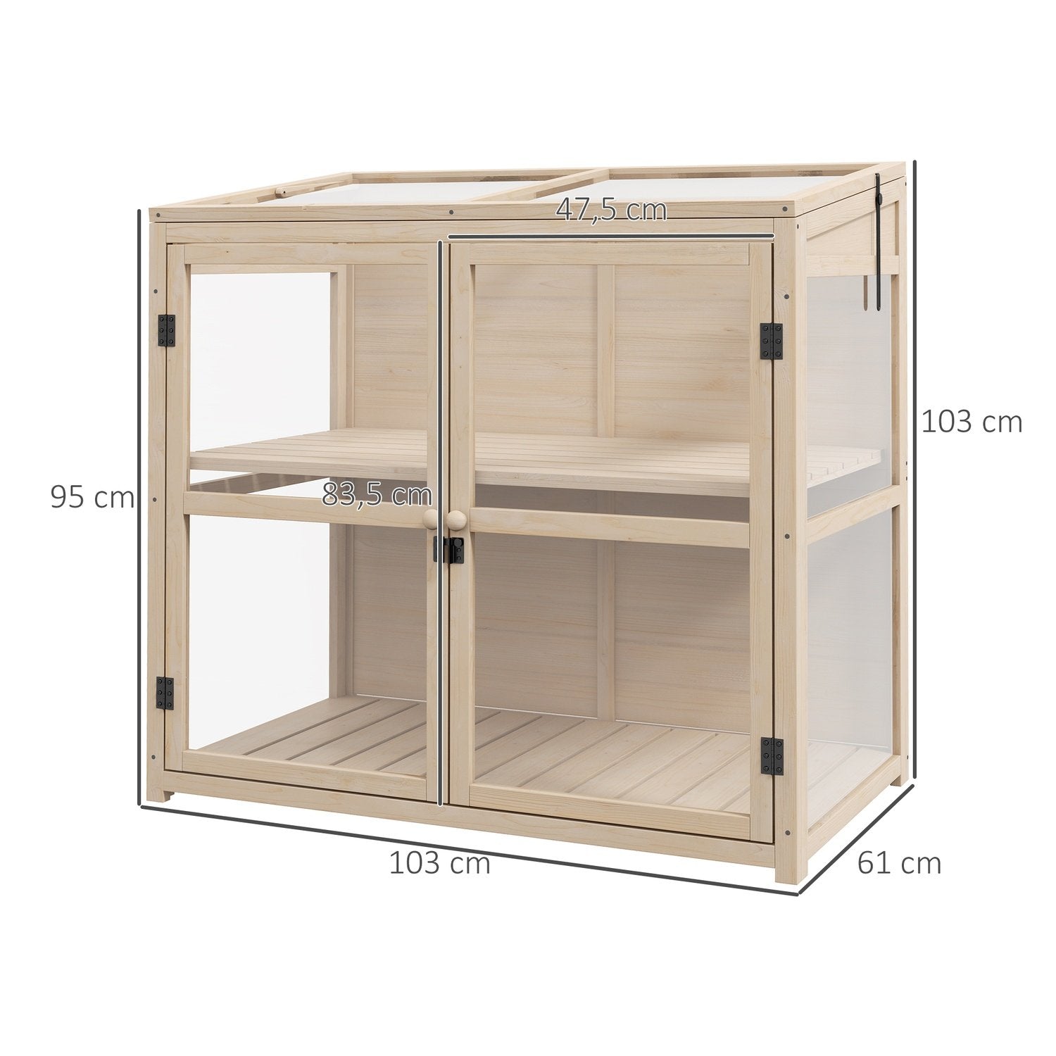 Wooden Cold Frame 2-Vånings Växthus Med Dubbeldörr & Takfönster, Vindtät, Naturlig, 103X61X103Cm