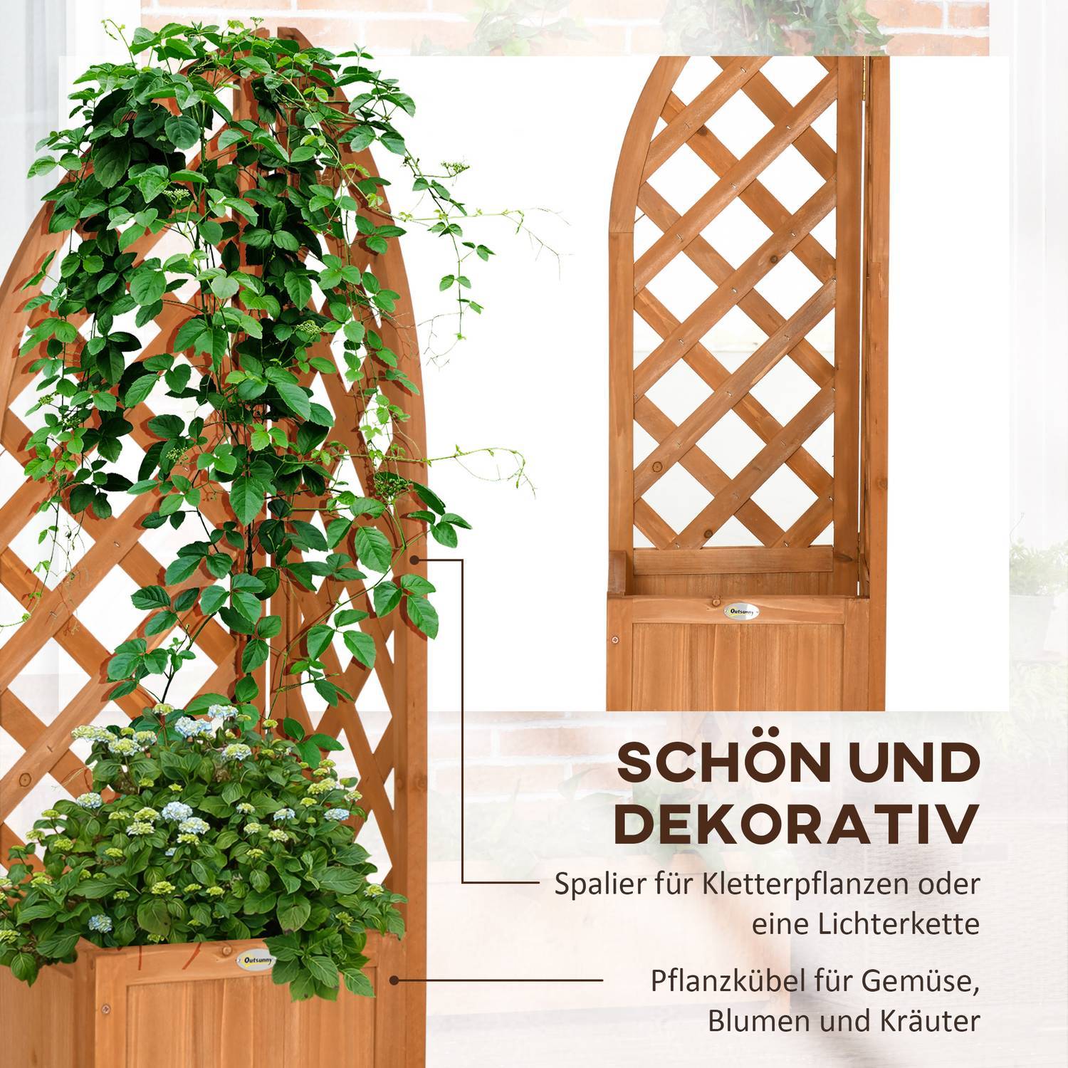 Plantekasse med espalier Blomsterkasse til have, gårdhave, balkon, naturtræ, brun, 32X32X108cm