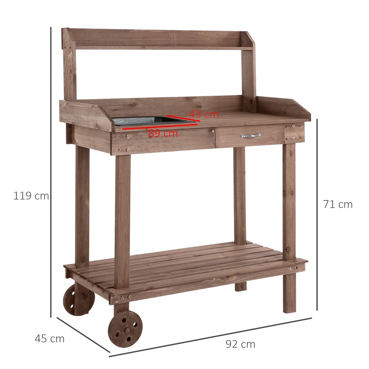 Plantebord Med Skuffe 2 Trin Havebord Med Vask Og Hjul Have Gran Træ Brun 92 X 45 X 119 Cm