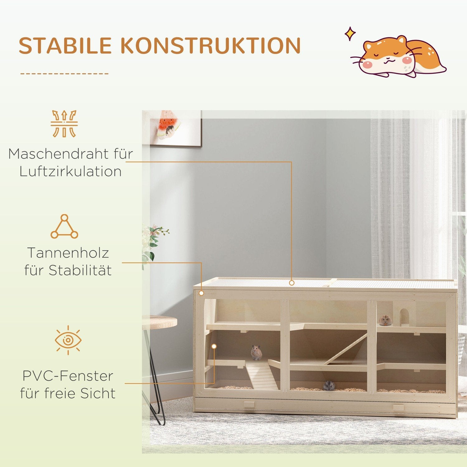 Hamsterbur Av Naturträ Tre-Vånings Gnagarbur Med Trappor, Pvc, 115X57X55Cm