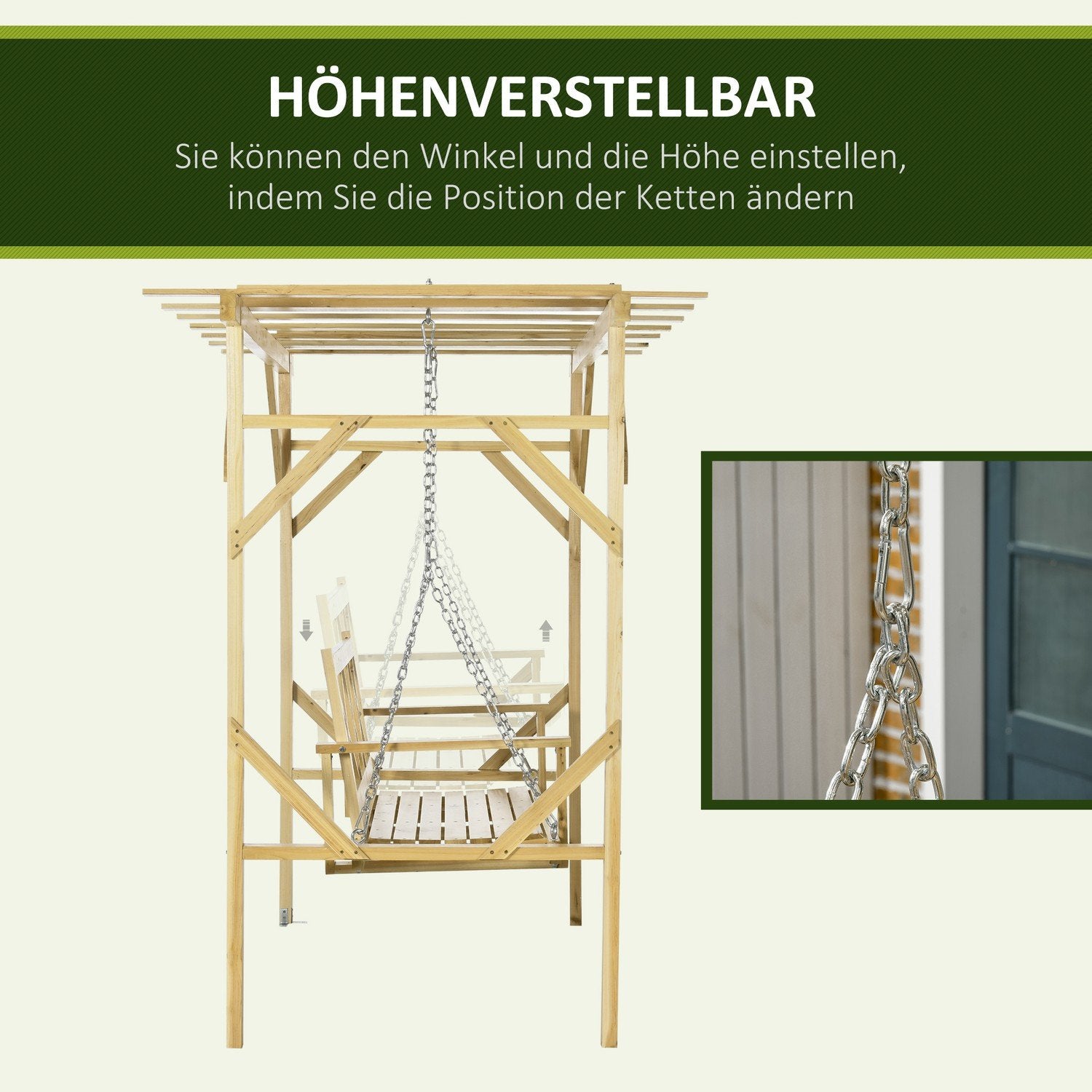 Hollywood-gynge med pergola, 2-personers havegynge, vejrbestandig gyngebænk til haven, massivt træ, natur, 221 x 140 x 196 cm