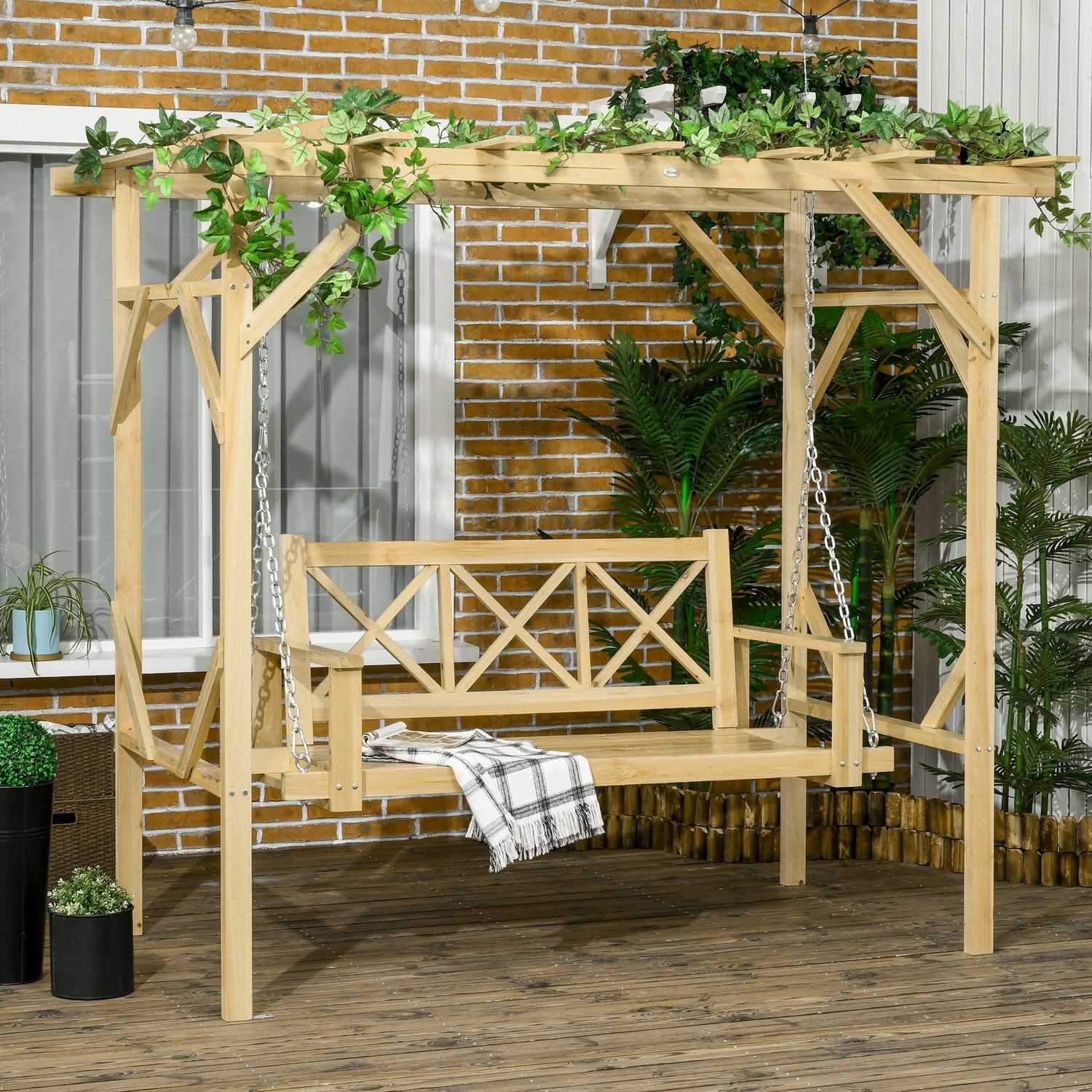 Hollywood-gynge med pergola, 2-personers havegynge, vejrbestandig gyngebænk til haven, massivt træ, natur, 221 x 140 x 196 cm