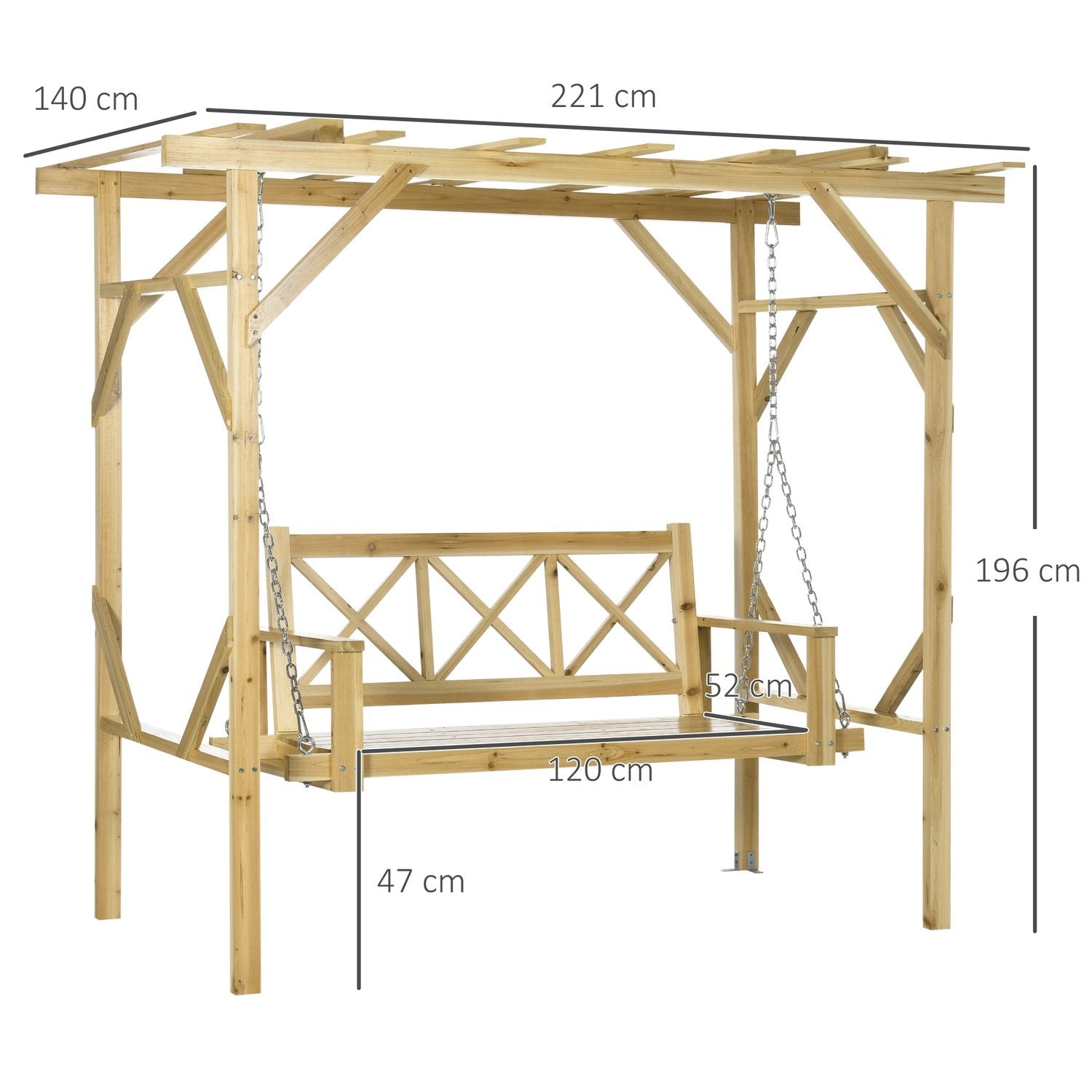 Hollywood-gynge med pergola, 2-personers havegynge, vejrbestandig gyngebænk til haven, massivt træ, natur, 221 x 140 x 196 cm