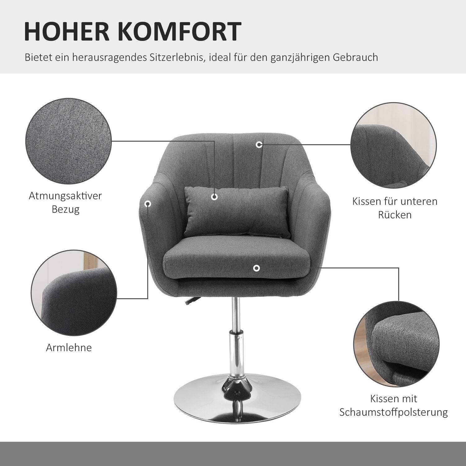 Arbejdsskammel Drejestol Kontorstol Højdejusterbar hørlignende polyesterstål Mørkegrå 57 X 57 X 77,5-87 Cm