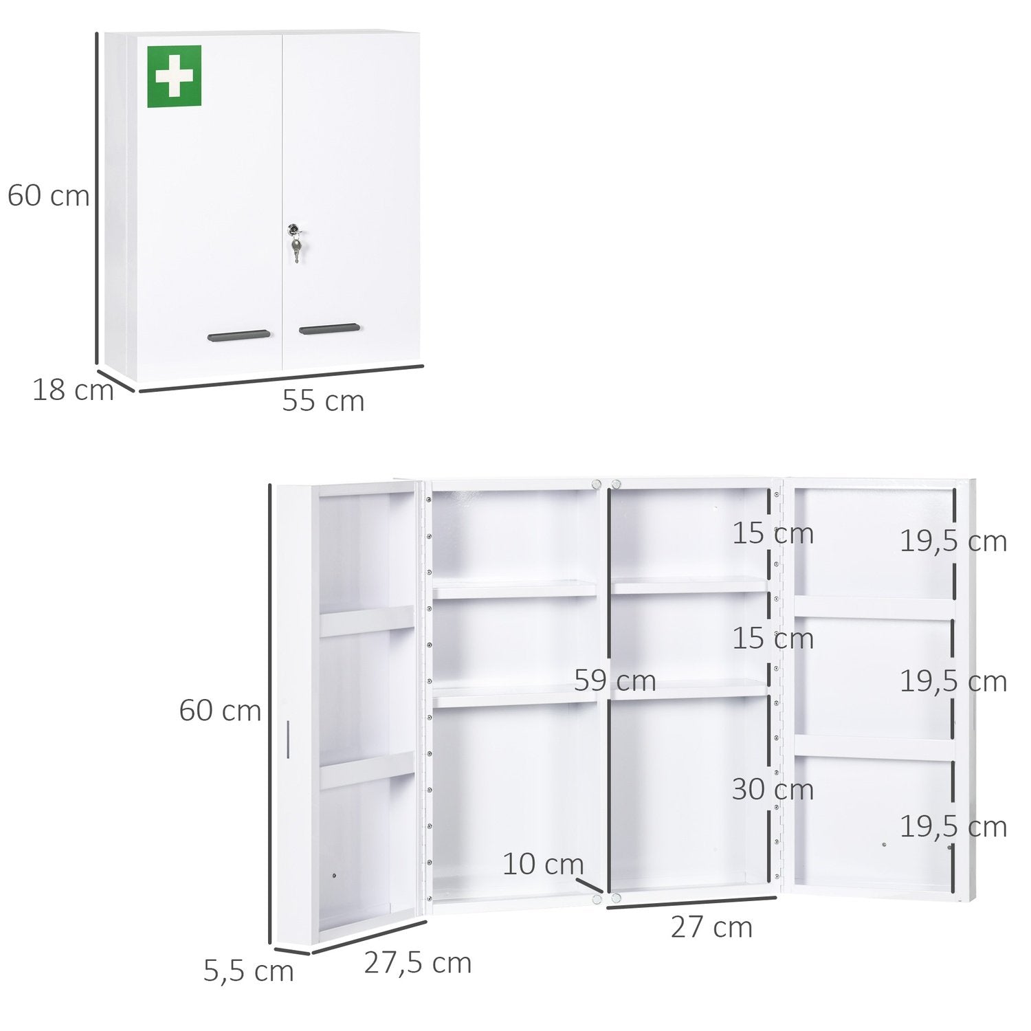 Medicinskab 2-dørs medicinskab med 6 hylder, apoteksskab til vægmontering, stål, hvid, 55X18X60Cm