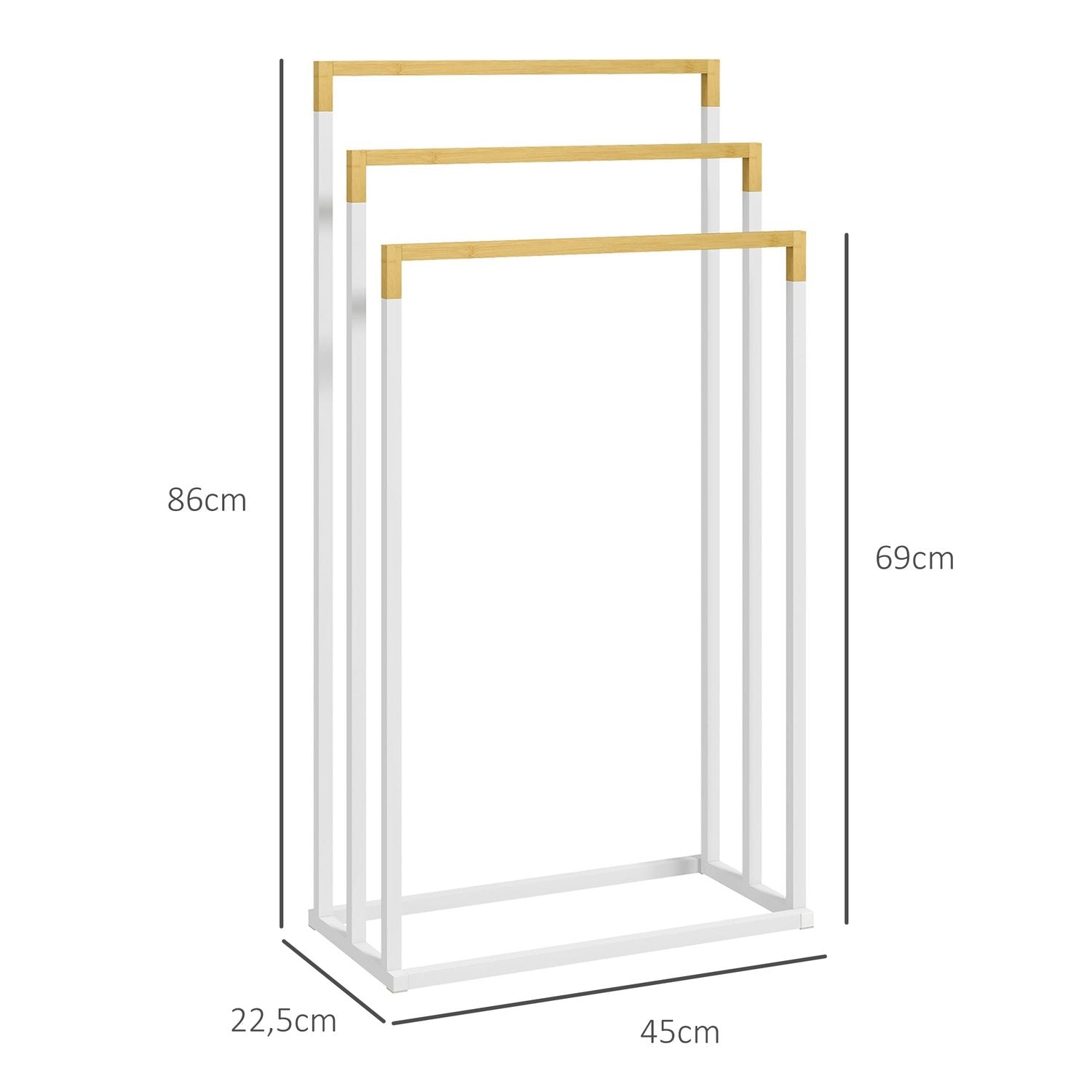 Håndklædestativ Fritstående håndklædestativ med 3 håndklædestænger Badehåndklædestativ til badeværelse Stål Bambus Hvid